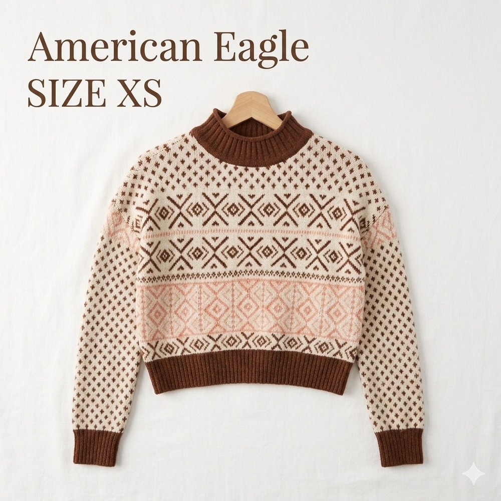American‎ Eagle Fair Isle Boho Cropped Knit Sweater Brown Ivory Women's XS